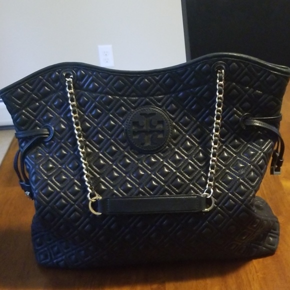 Tory Burch Black Quilted Tote with Chain Straps - Picture 2 of 8